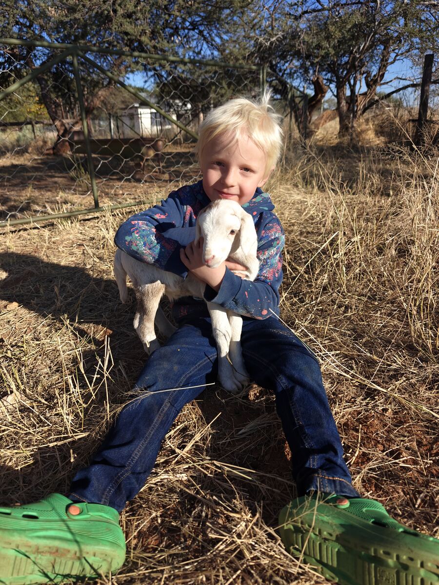 Kristoffer mit einem jungen Lamm auf der Farm